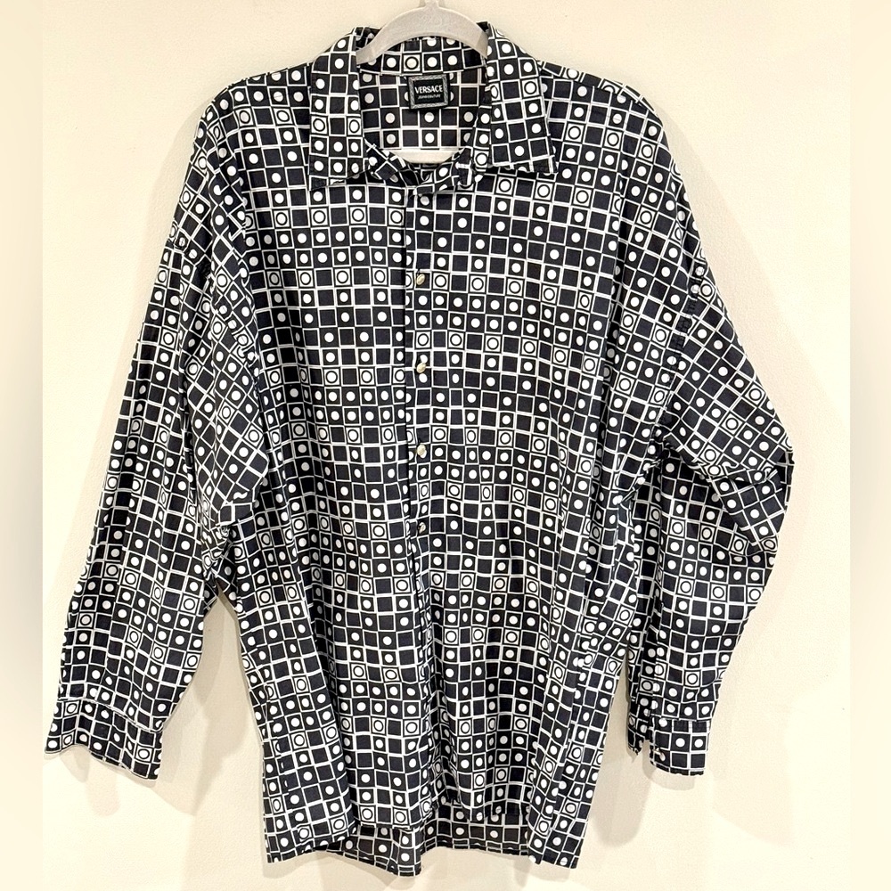 VERSACE Jeans Couture Vintage Sz L Black and White Geometric Dress Shirt